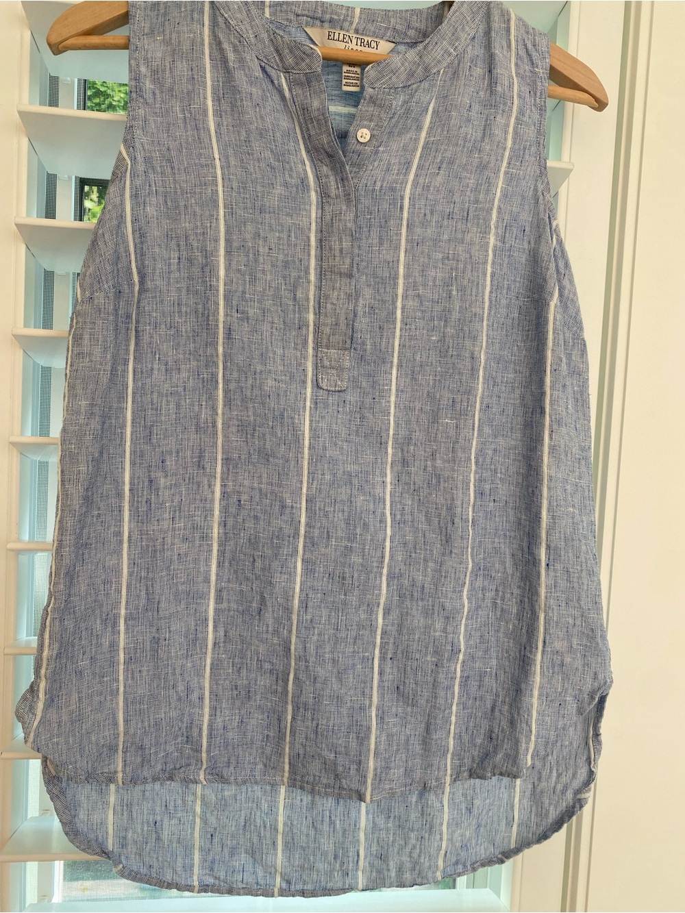Ellen Tracy Light Blue and White Vertical Stripe Sleeveless Linen Top